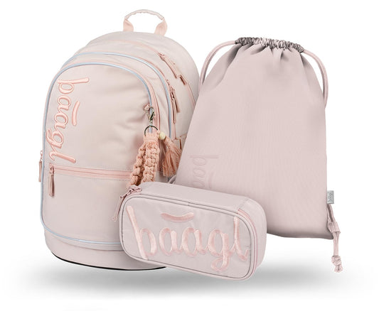 Baagl Schulrucksack-Set 3-teilig | Ergonomisch | Brustgurt | Grundschule | Sand