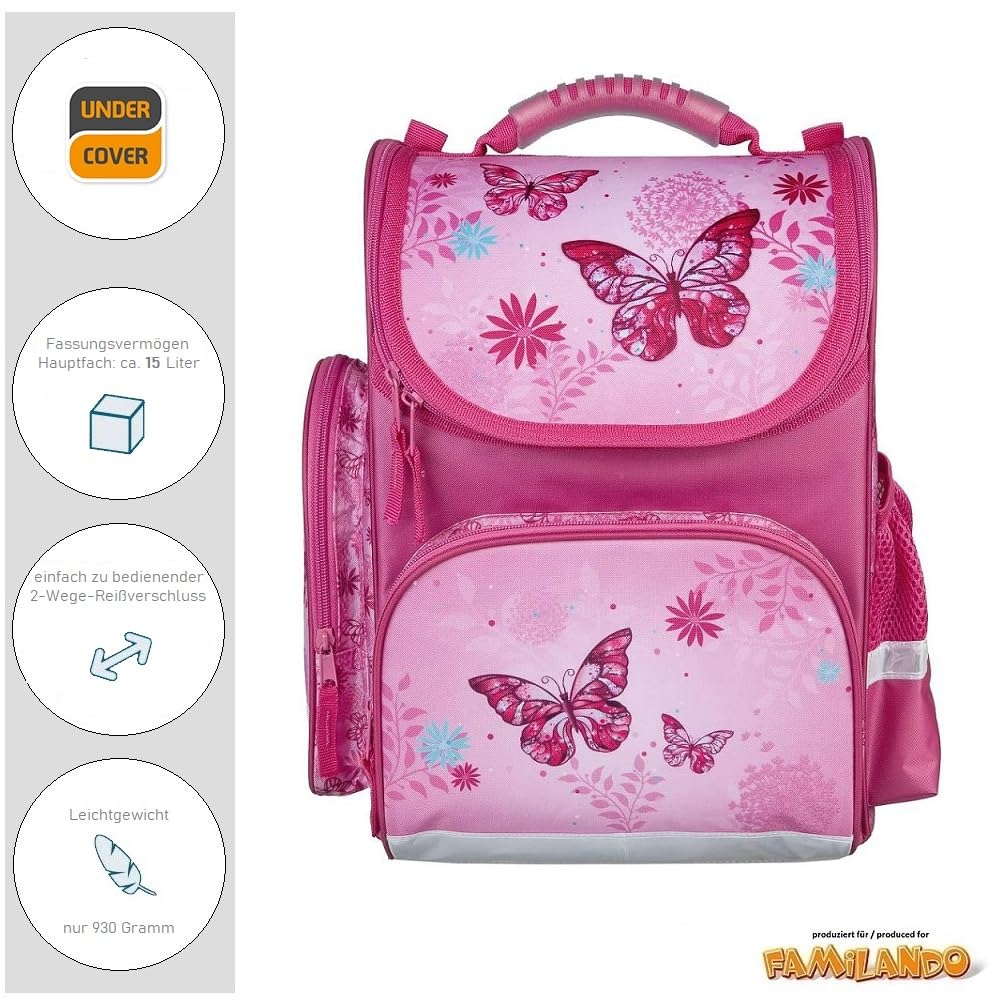 Familando Schulranzen Komplett-Set | Ergonomisch | Mit Schultüte | Butterfly Pink