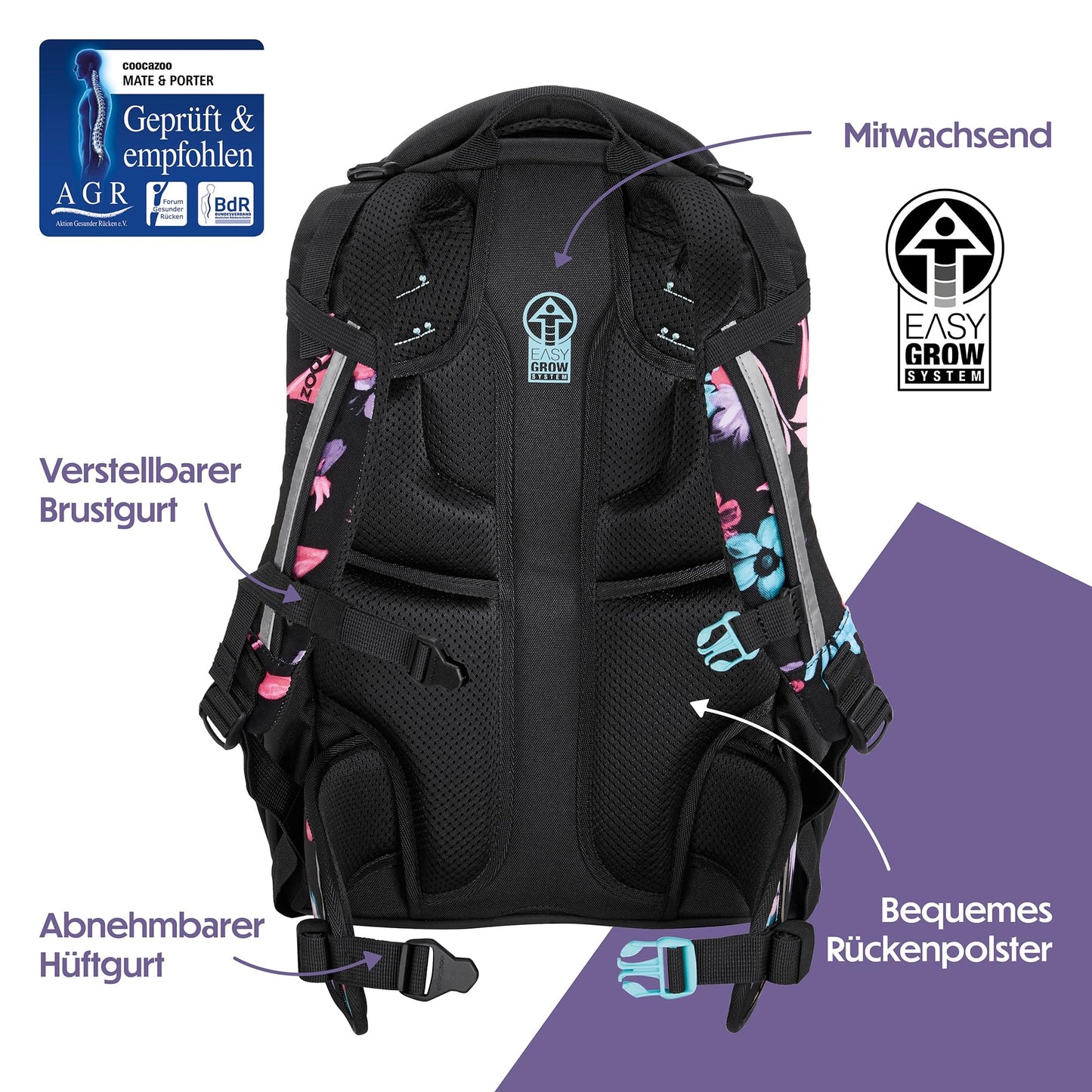 coocazoo Mate Rucksack „Floral Artnight“ | Ergonomisch | Höhenverstellbar | ab 3. Klasse